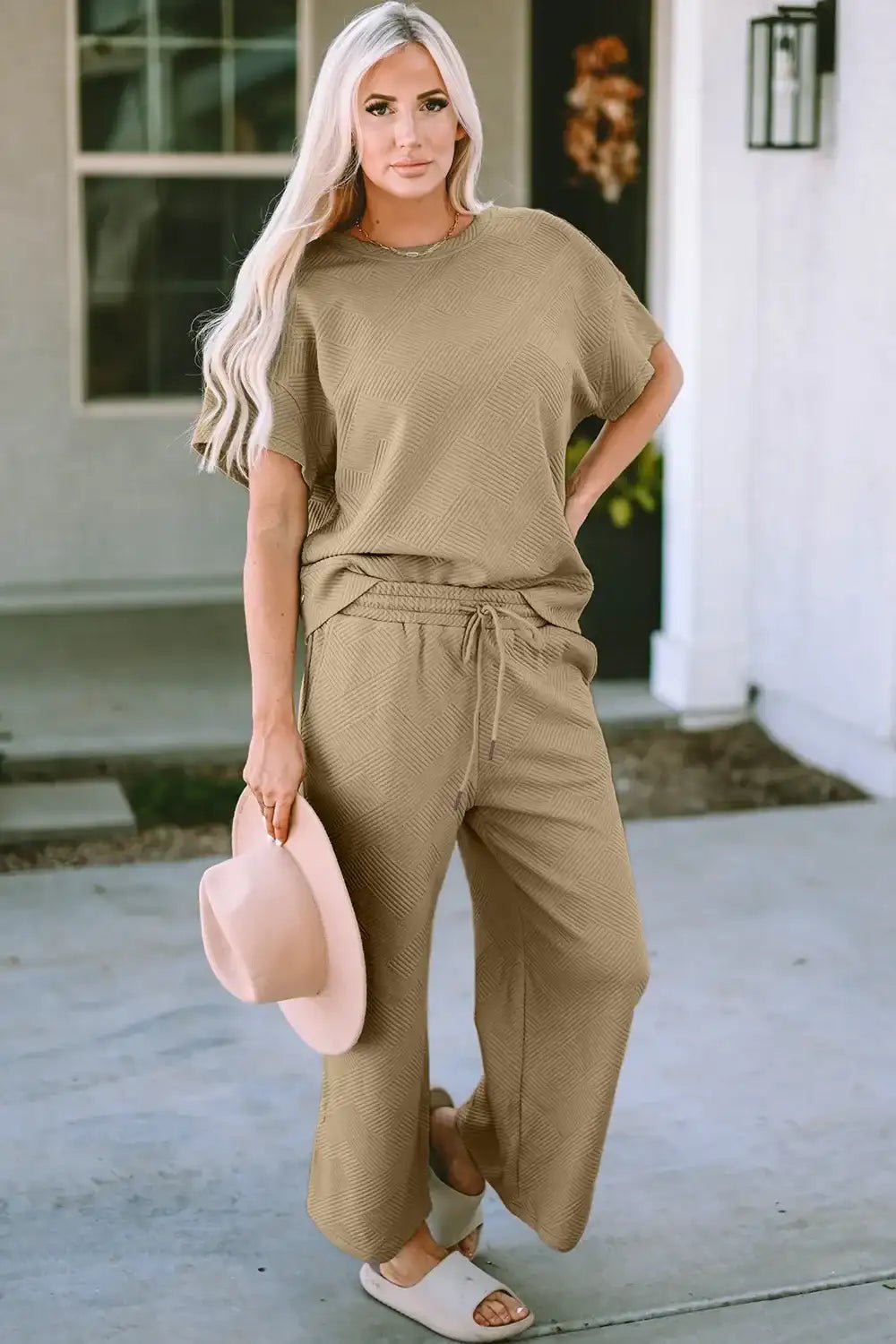 Double Take Full Size Texture Short Sleeve Top and Pants Set - Bela Fils BoutiqueBela Fils Boutique